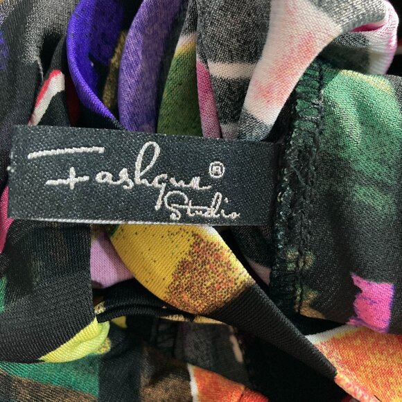 Fashque Studio Top Tunic Stretch Pullover Abstract Black Vibrant Cross back XL - Picture 6 of 10